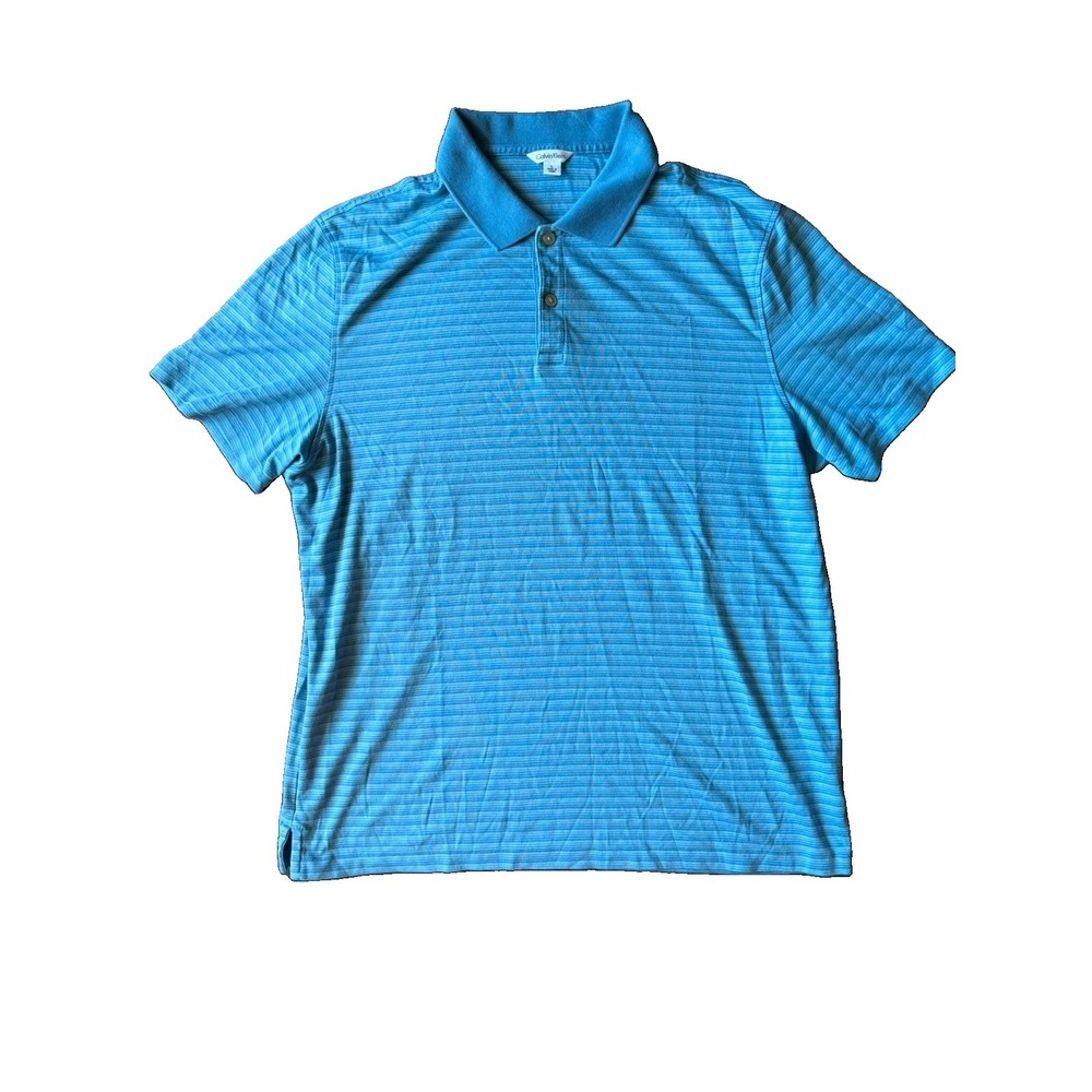 Calvin Klein Men's L Blue Striped Short Sleeve Collared Button Placket Polo